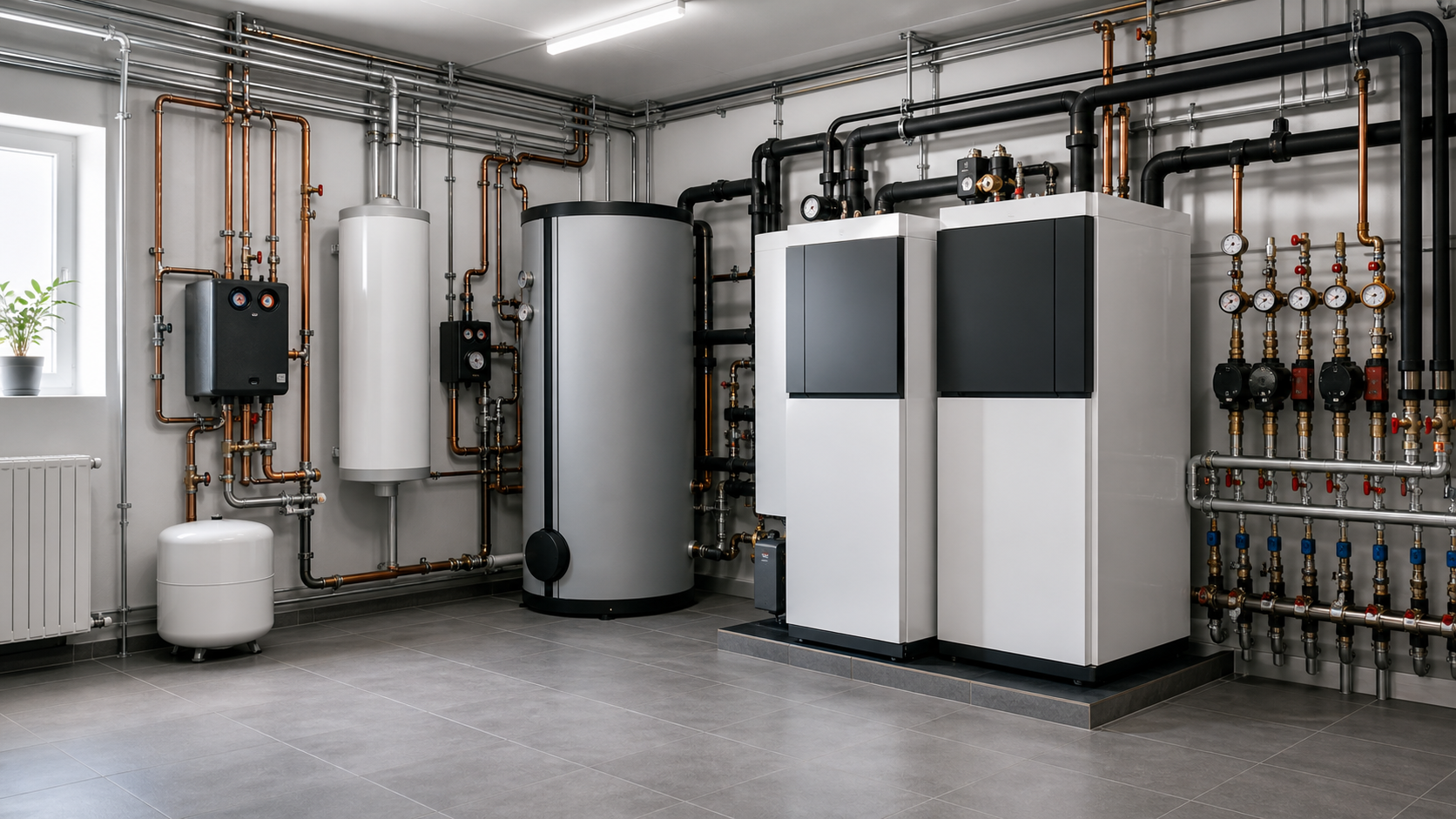 Technikraum mit Heizungsanlage und Rohrsystemen